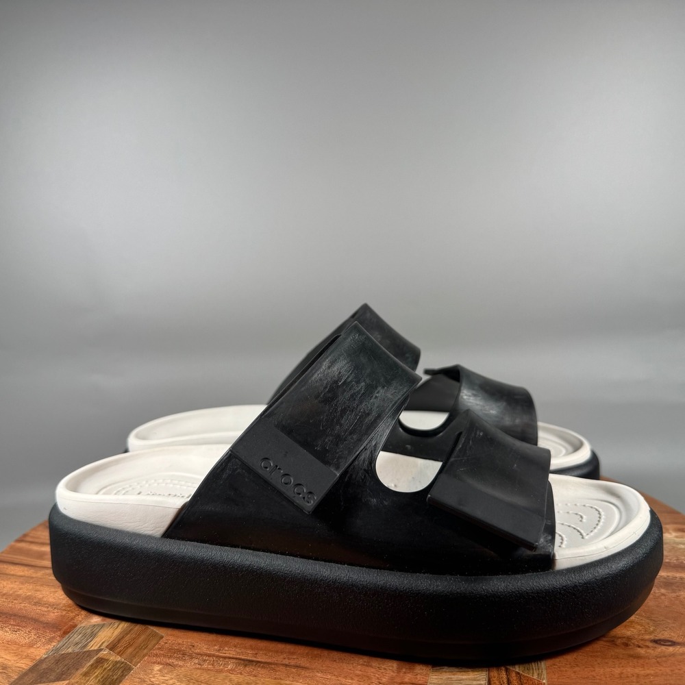 Crocs Brooklyn Buckle Low Wedge Black White Platform Slide Sandals Womens 7